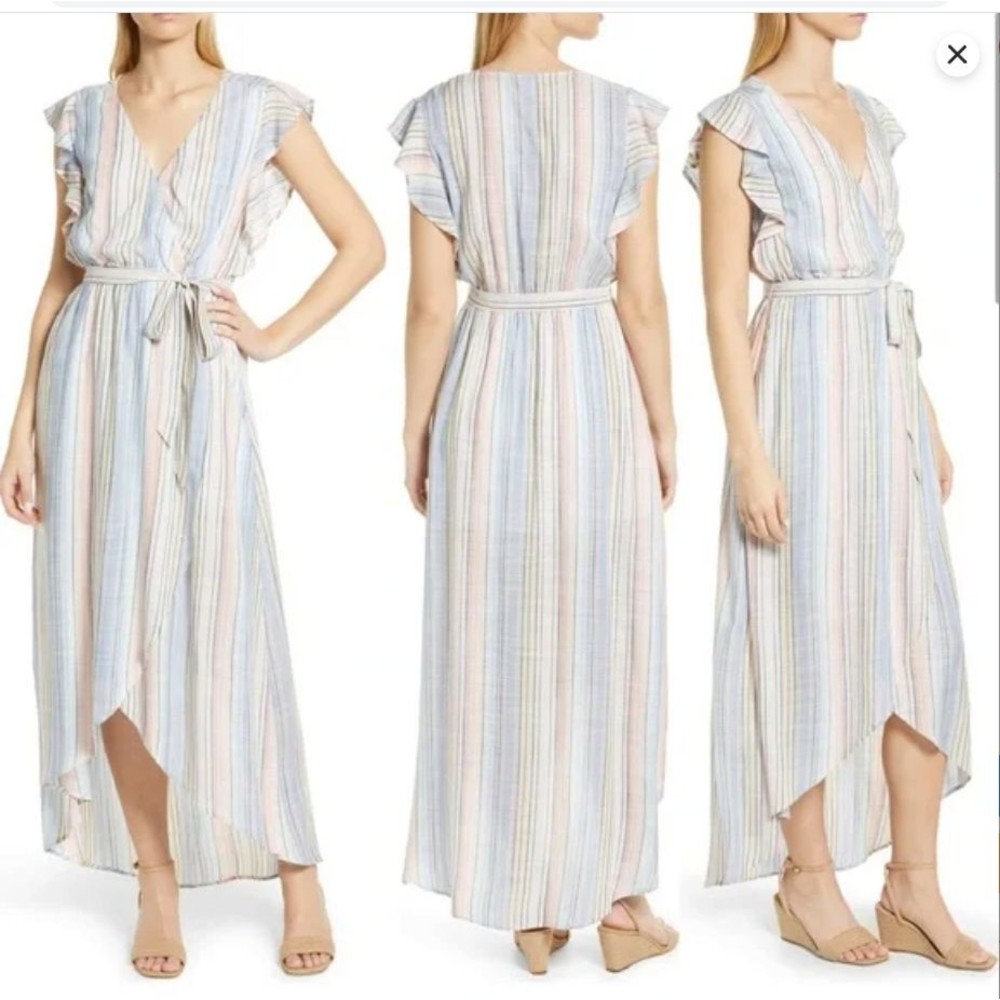 Caslon V Neck Flutter Sleeve Long Dress Blue Pink Yellow Vertical Stripe Xs